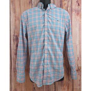 Vineyard Vines Mens Slim Fit Whale Shirt Medium Plaid Pink & Blue Nylon Blend